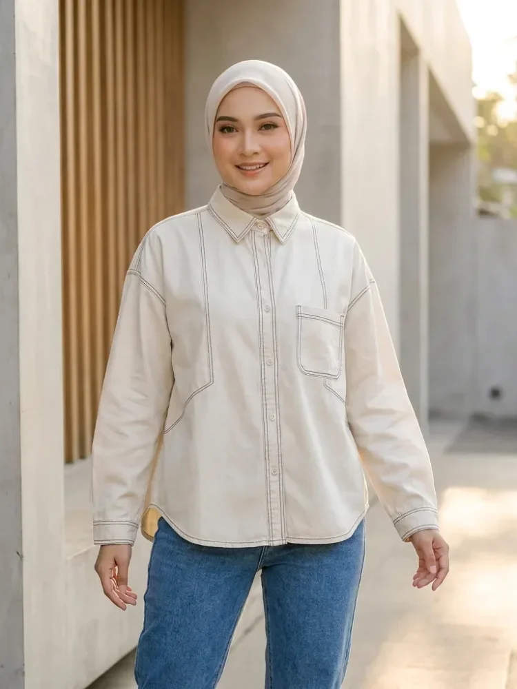 ASAYA Kemeja wanita kasual lengan panjang model minimalis
