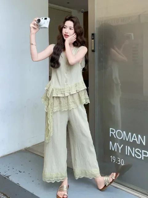 CHICMORE Setelan dua potong atasan tanpa lengan leher v dan celana panjang wanita
