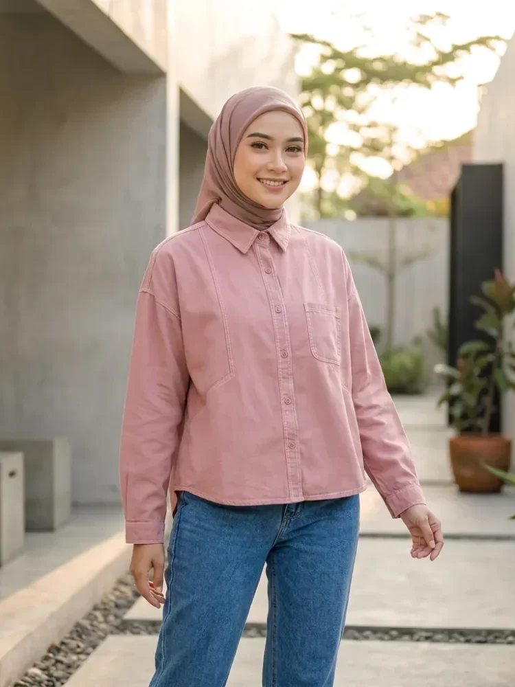 ASAYA Kemeja wanita kasual lengan panjang model minimalis