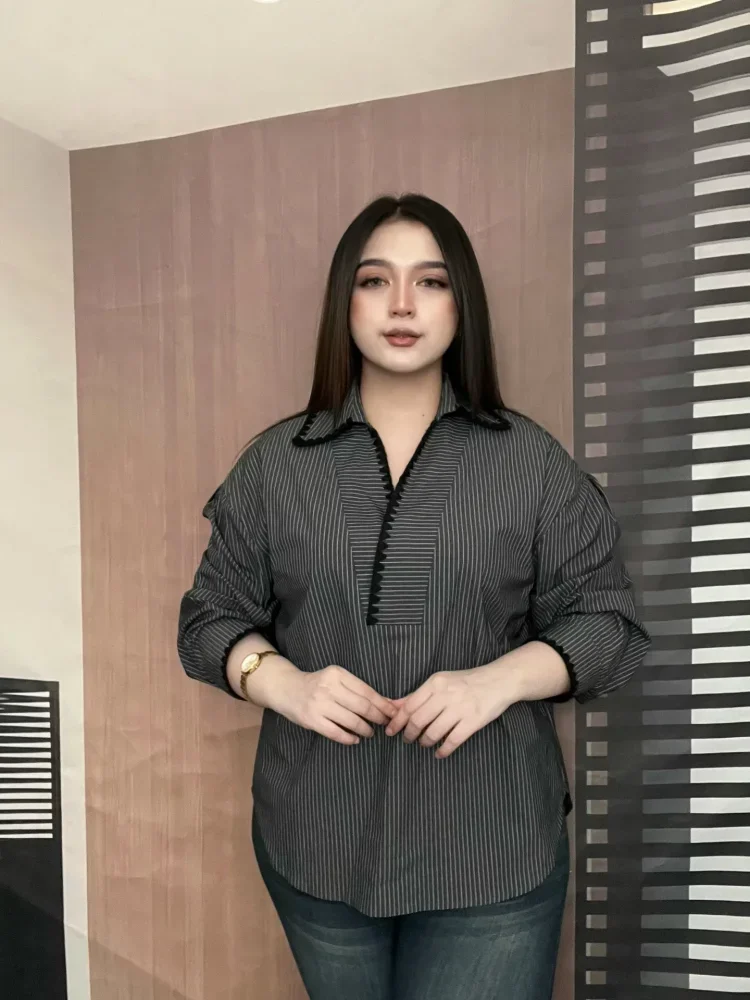 FADFAD Atasan kemeja garis garis lengan panjang dan bergaya kasual