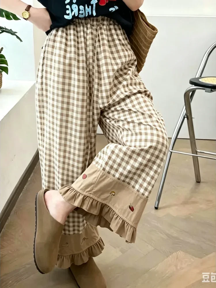 ASAYA Celana panjang wanita model kaki lebar motif kotak