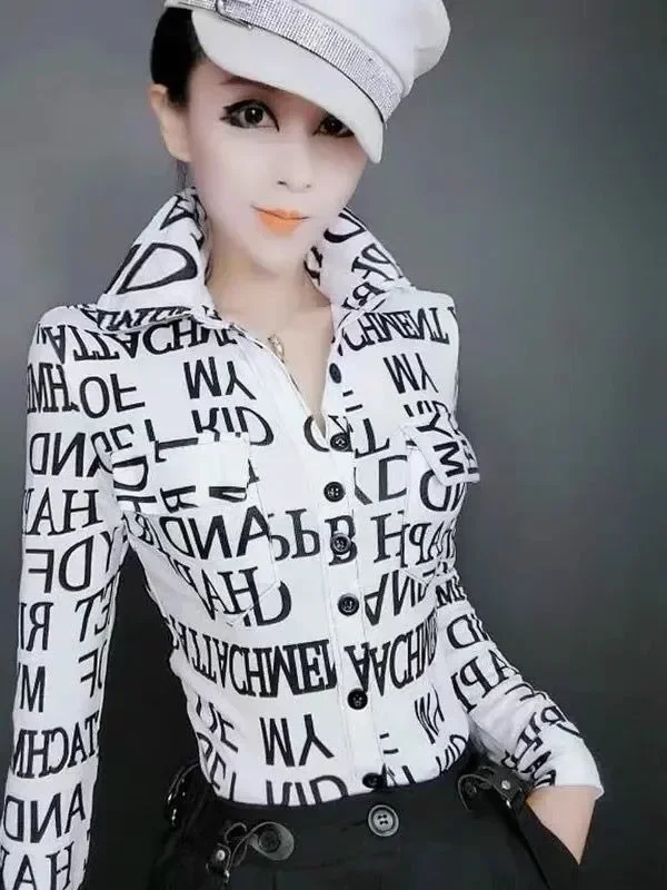 FADFAD Atasan kemeja motif cetak lengan panjang kancing aktif dan gaya modern