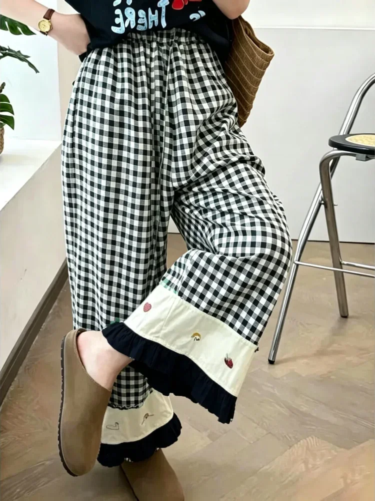 ASAYA Celana panjang wanita model kaki lebar motif kotak