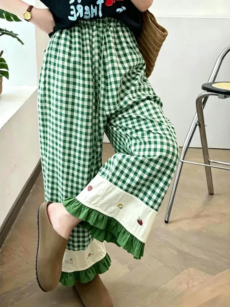 ASAYA Celana panjang wanita model kaki lebar motif kotak