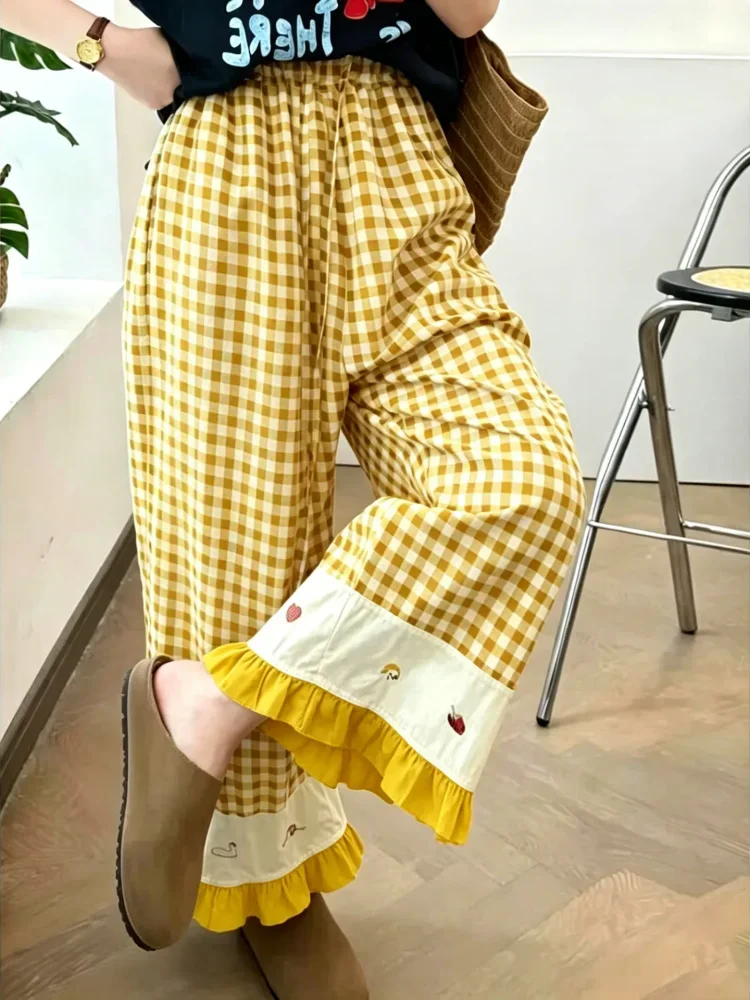 ASAYA Celana panjang wanita model kaki lebar motif kotak