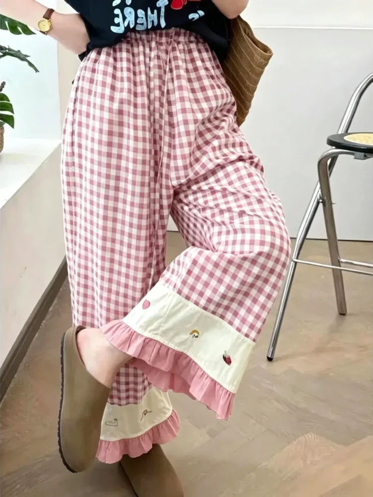 ASAYA Celana panjang wanita model kaki lebar motif kotak