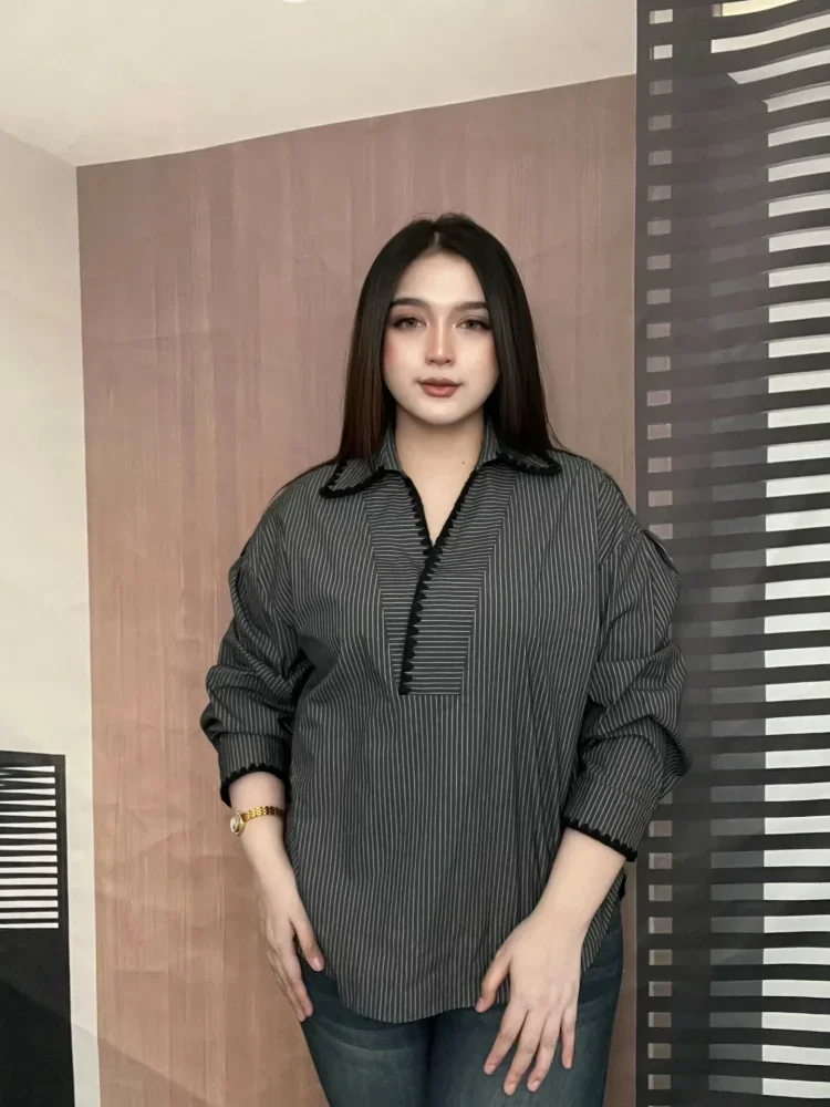 FADFAD Atasan kemeja garis garis lengan panjang dan bergaya kasual