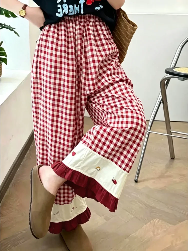 ASAYA Celana panjang wanita model kaki lebar motif kotak