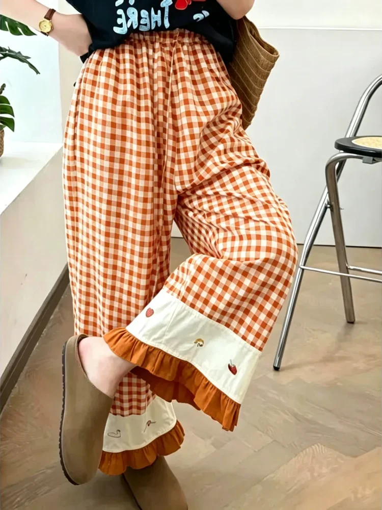 ASAYA Celana panjang wanita model kaki lebar motif kotak