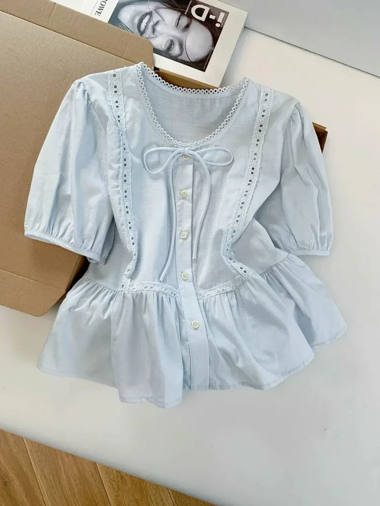 CHICMORE Atasan blouse kancing sebaris lengan pendek warna solid bergaya kekinian untuk wanita