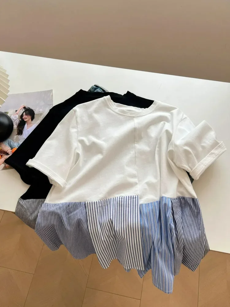 ASAYA Atasan kaos lengan pendek leher bulat model patchwork longgar