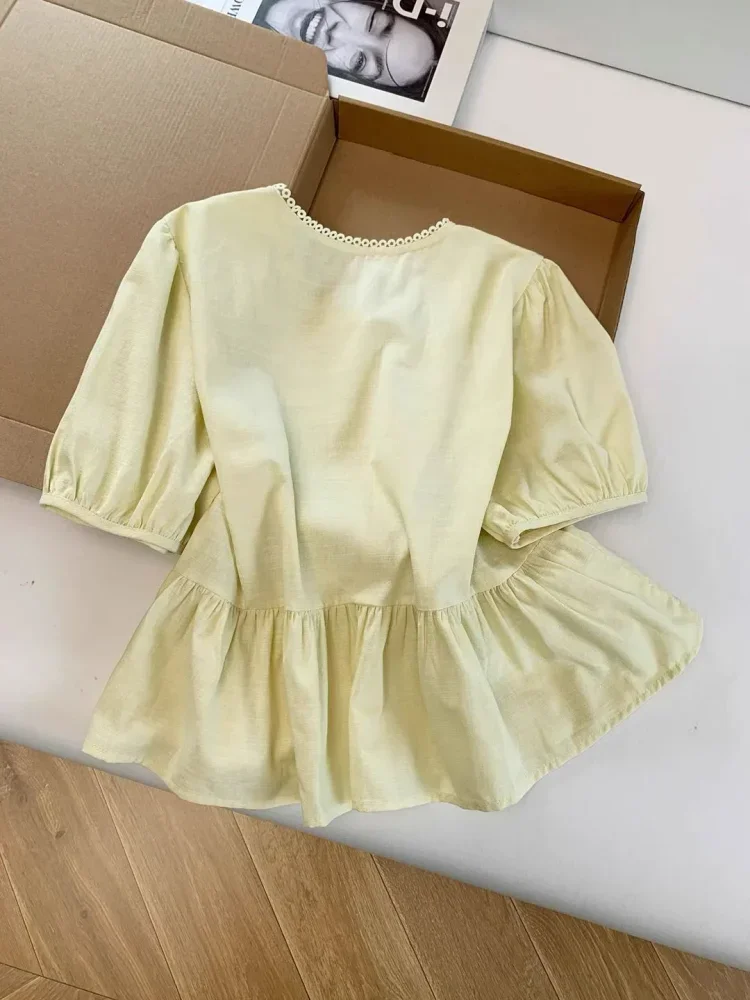 CHICMORE Atasan blouse kancing sebaris lengan pendek warna solid bergaya kekinian untuk wanita