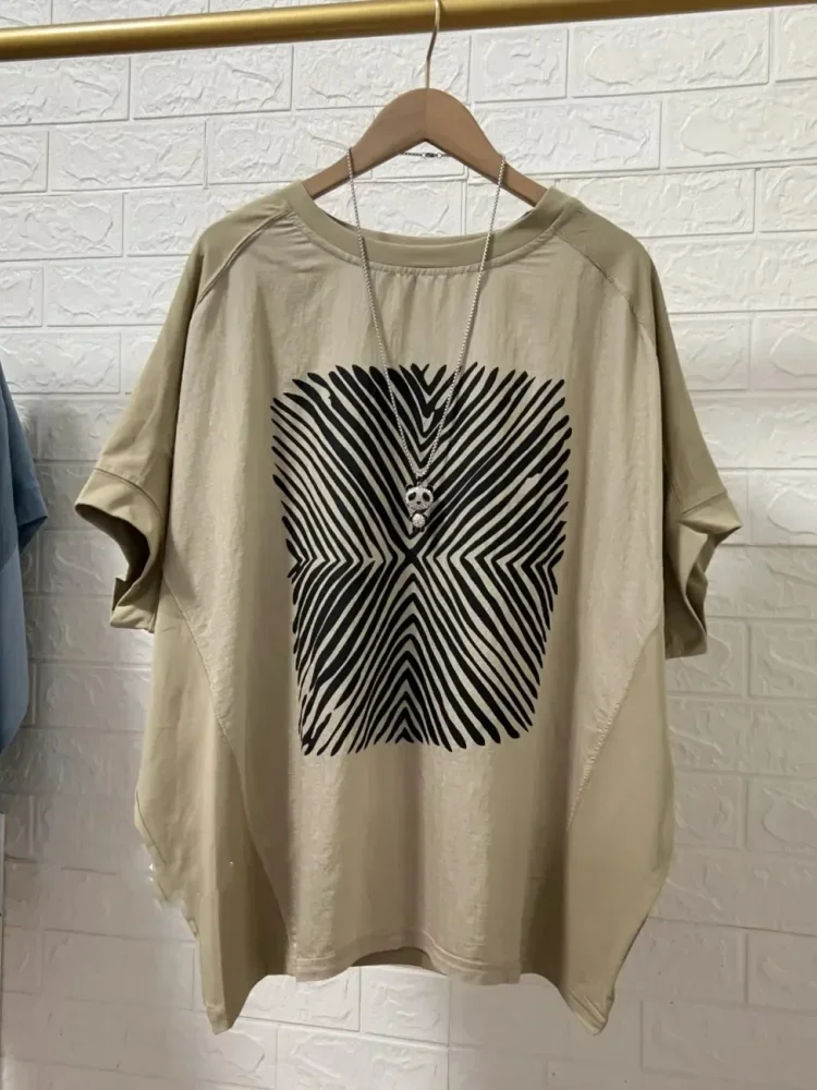 ASAYA Atasan kaos pakaian wanita kerah bulat lengan pendek motif cetak gaya retro baru