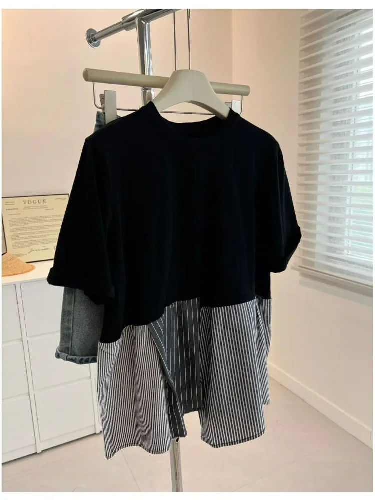 ASAYA Atasan kaos lengan pendek leher bulat model patchwork longgar