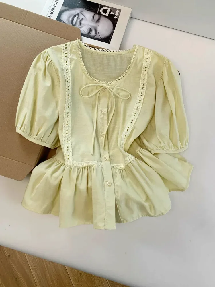 CHICMORE Atasan blouse kancing sebaris lengan pendek warna solid bergaya kekinian untuk wanita