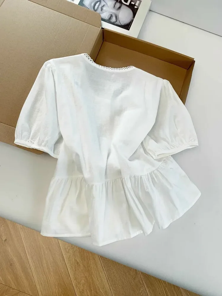 CHICMORE Atasan blouse kancing sebaris lengan pendek warna solid bergaya kekinian untuk wanita
