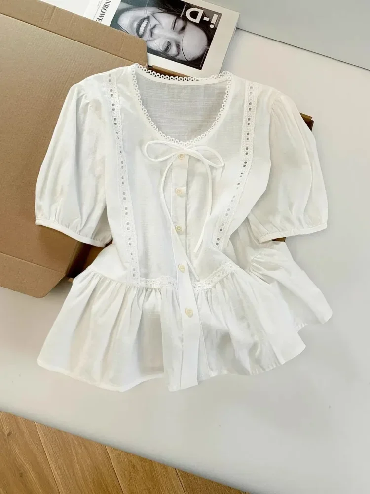 CHICMORE Atasan blouse kancing sebaris lengan pendek warna solid bergaya kekinian untuk wanita