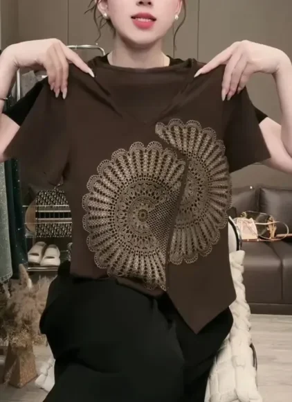 FADFAD Atasan kaos desain retro cheongsam lengan pendek mewah untuk wanita