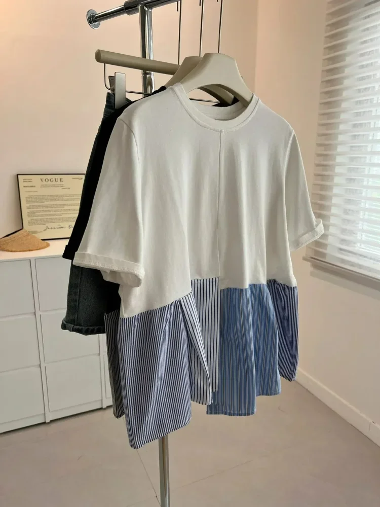 ASAYA Atasan kaos lengan pendek leher bulat model patchwork longgar