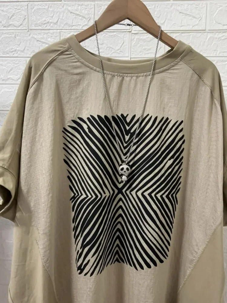 ASAYA Atasan kaos pakaian wanita kerah bulat lengan pendek motif cetak gaya retro baru