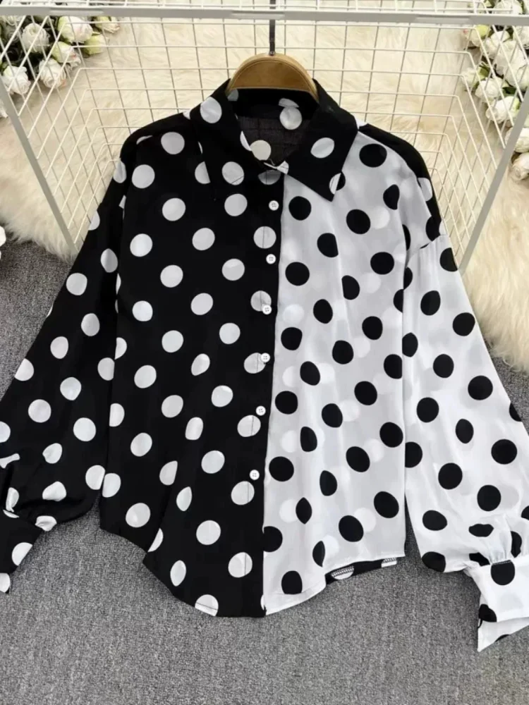 FADFAD Atasan kemeja longgar polkadot lengan panjang modis untuk wanita