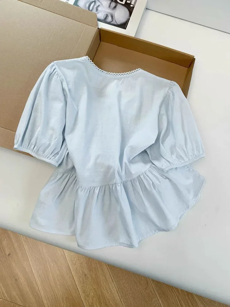 CHICMORE Atasan blouse kancing sebaris lengan pendek warna solid bergaya kekinian untuk wanita