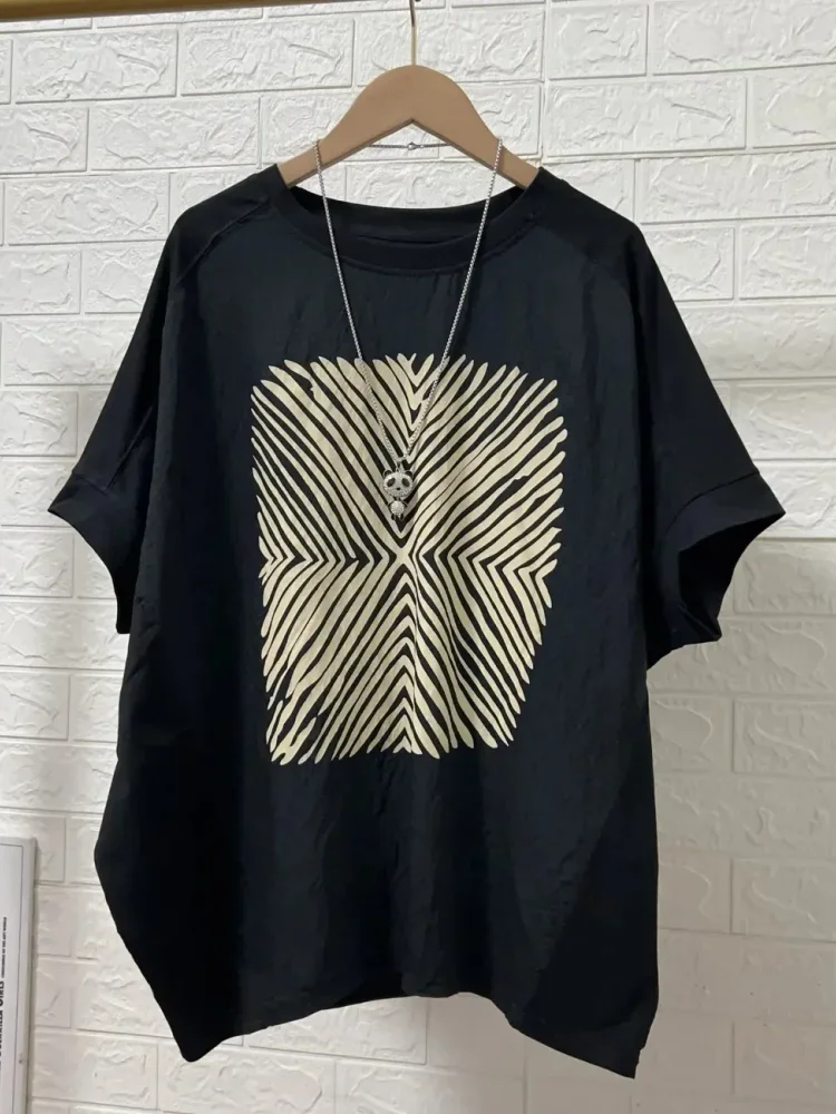 ASAYA Atasan kaos pakaian wanita kerah bulat lengan pendek motif cetak gaya retro baru