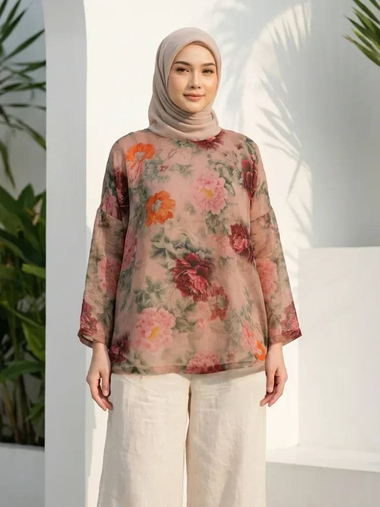 [READY STOCK]ASAYA Atasan wanita berkerah bulat lengan kelelawar motif bergaya retro untuk wanita.