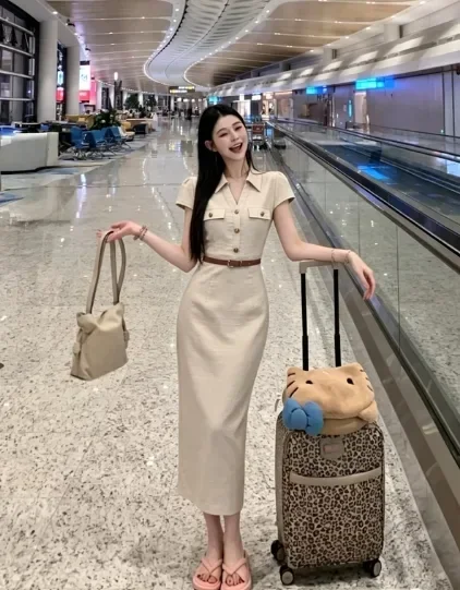 CHICMORE Gaun maxi dengan lengan pendek mode kemeja warna solid