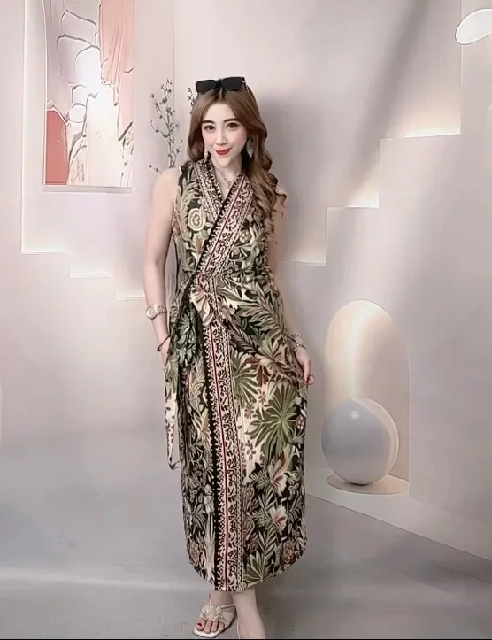 FADFAD Gaun panjang elegan bergaya retro leher v tanpa lengan modis