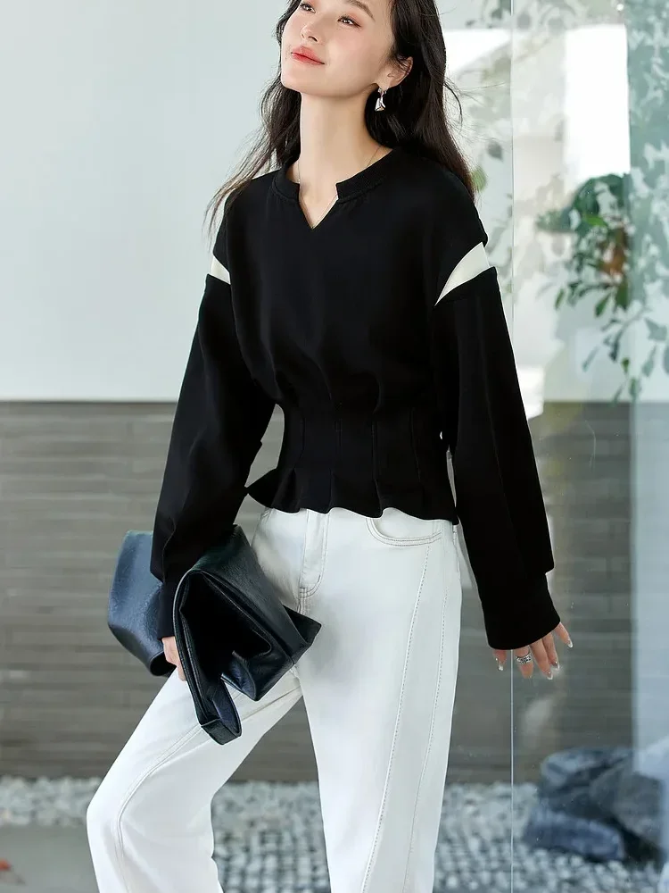 CHICMORE Blouse warna solid dengan kerah notched lengan panjang wanita kelas atas