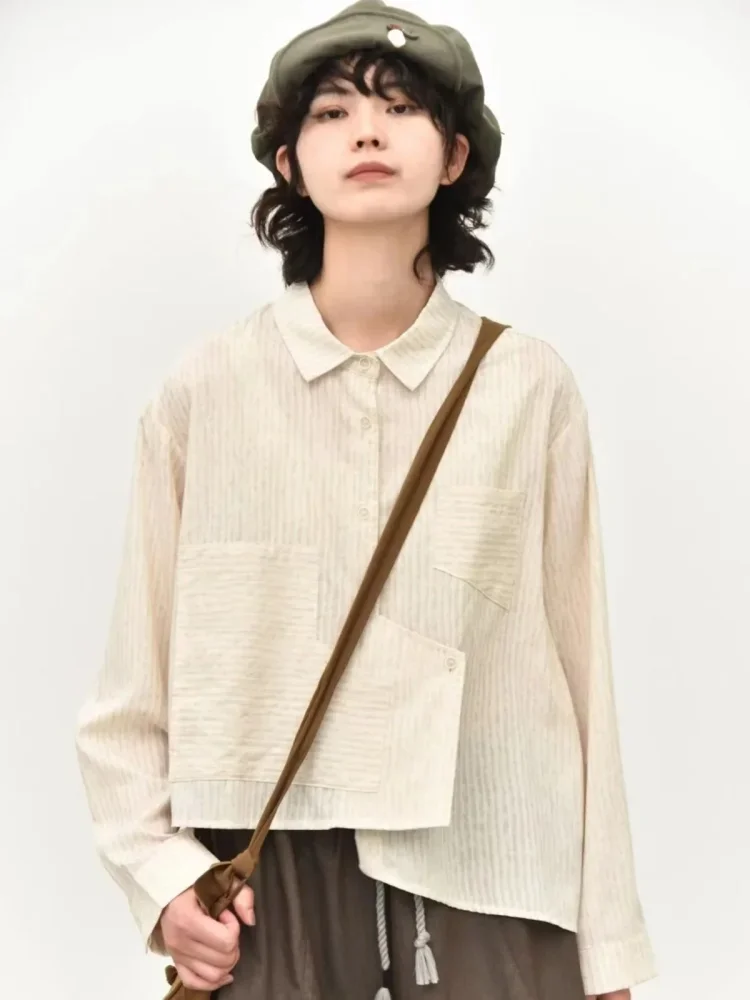CHICMORE Kemeja oversize patchwork tekstur garis natural lengan panjang