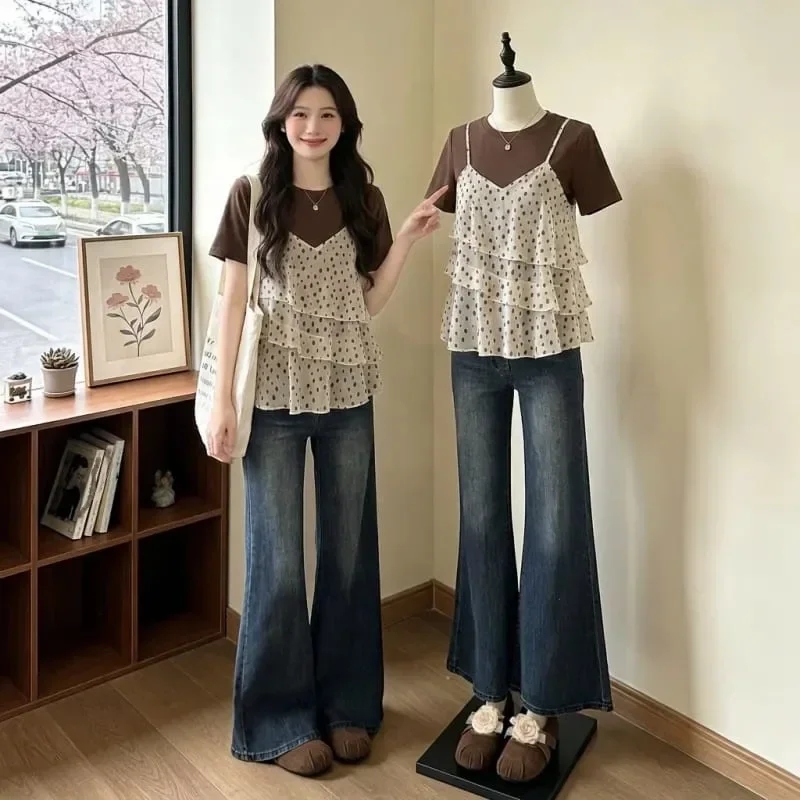 CHICMORE Atasan kaos lengan pendek dua potong palsu motif polkadot