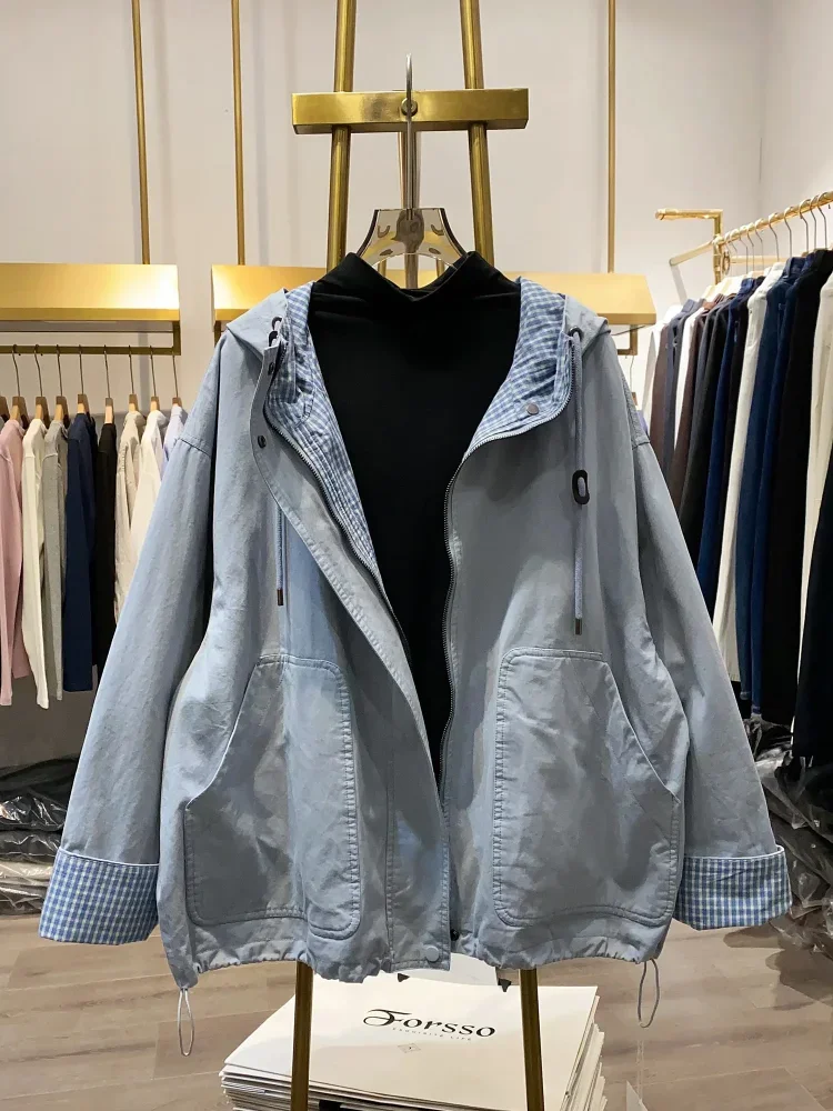 CHICMORE Jaket kasual patchwork kotak-kotak dengan kombinasi  gaya baru untuk wanita