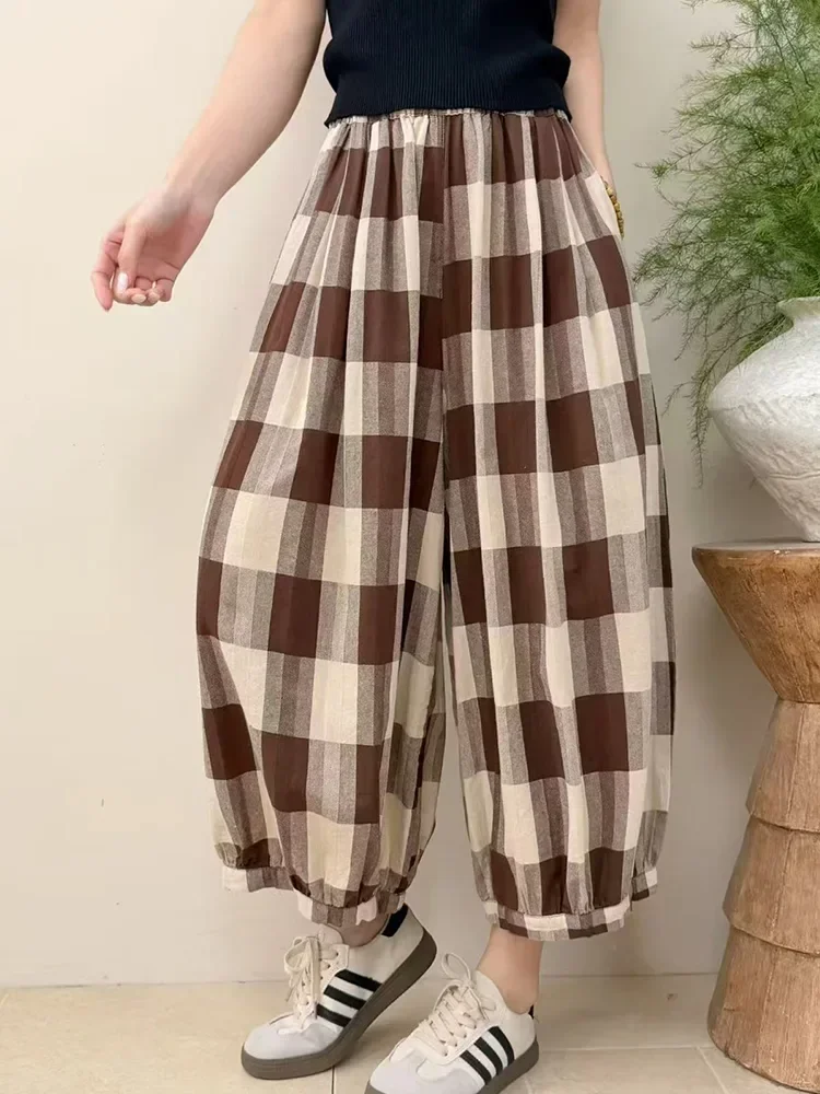 ASAYA Celana wanita kotak-kotak gaya kasual crop pants