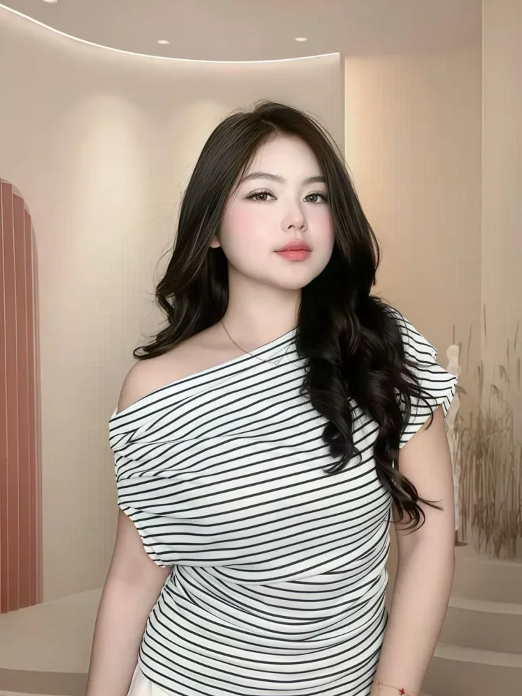 ASAYA Atasan wanita lengan pendek dengan kerah off shoulder motif bergaris