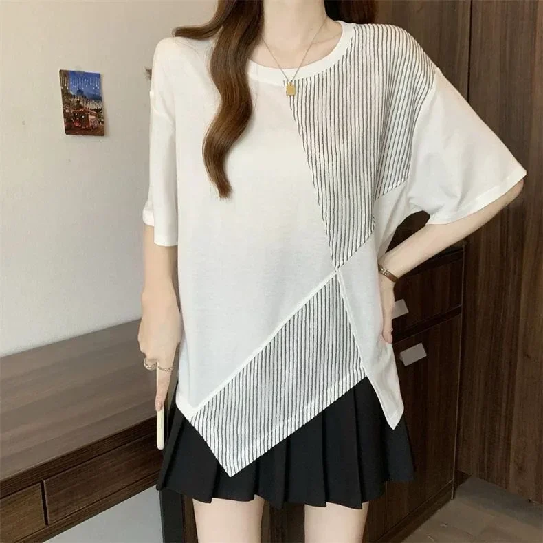 ASAYA Atasan wanita lengan pendek t-shirt dengan kerah bulat model asimetris
