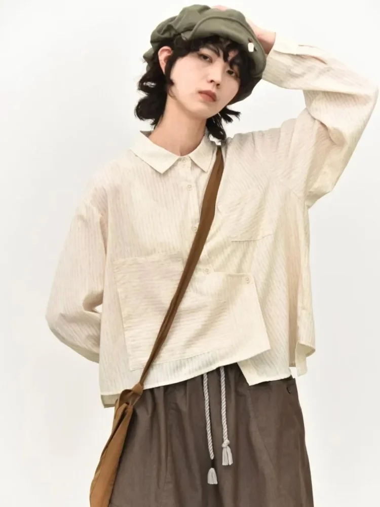 CHICMORE Kemeja oversize patchwork tekstur garis natural lengan panjang