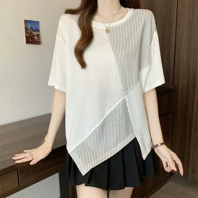 ASAYA Atasan wanita lengan pendek t-shirt dengan kerah bulat model asimetris