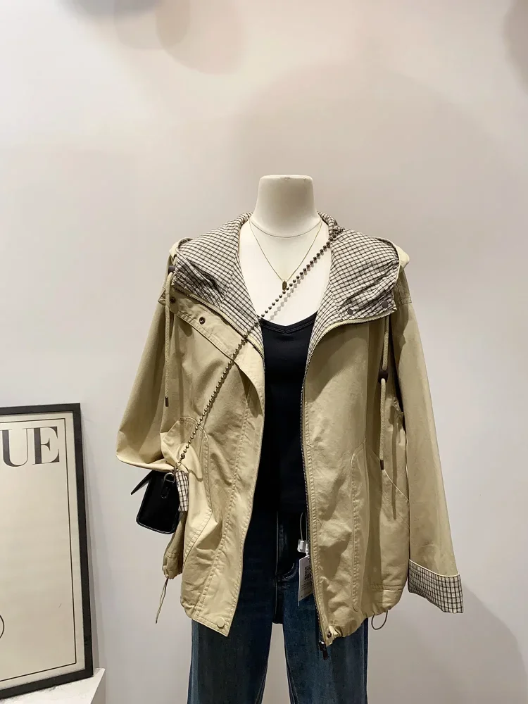 CHICMORE Jaket kasual patchwork kotak-kotak dengan kombinasi  gaya baru untuk wanita