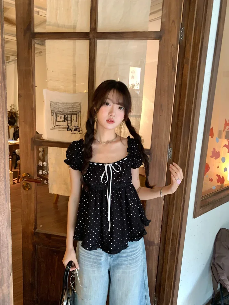 CHICMORE Atasan kemeja lengan pendek motif polkadot dan korean style