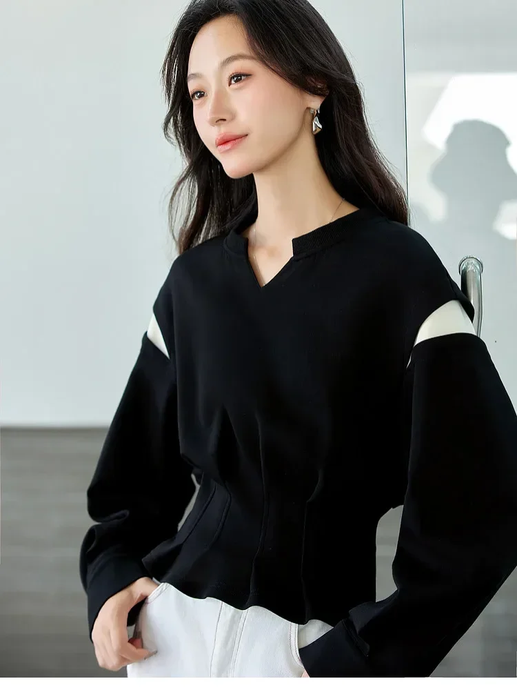 CHICMORE Blouse warna solid dengan kerah notched lengan panjang wanita kelas atas