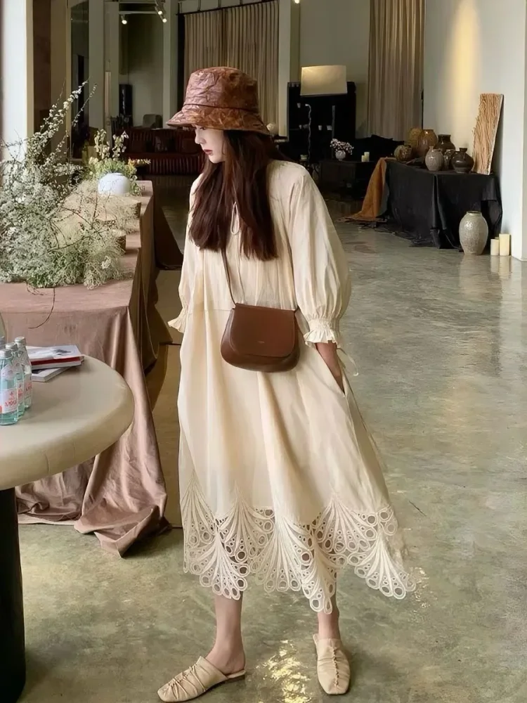 CHICMORE Gaun midi gaya trendi dengan lengan tiga perempat wanita feminime