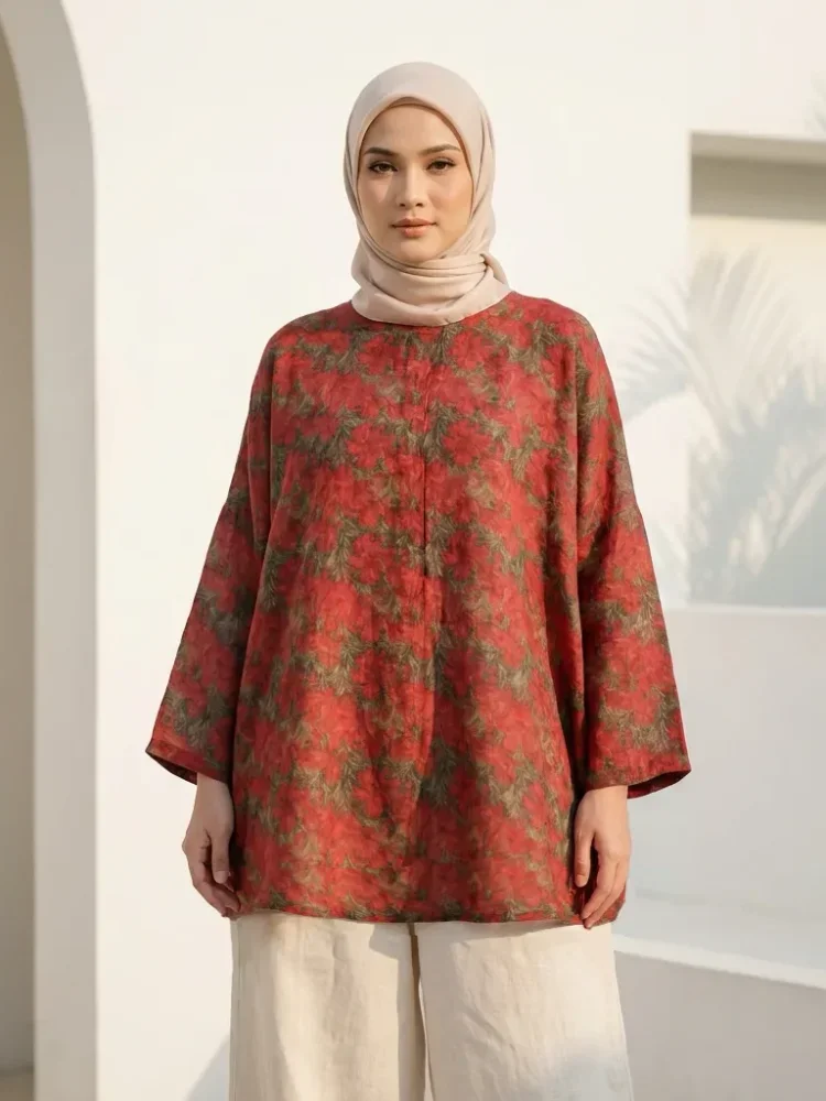[READY STOCK]ASAYA Atasan wanita berkerah bulat lengan kelelawar motif bergaya retro untuk wanita.