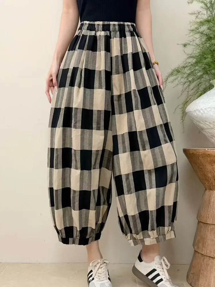 ASAYA Celana wanita kotak-kotak gaya kasual crop pants