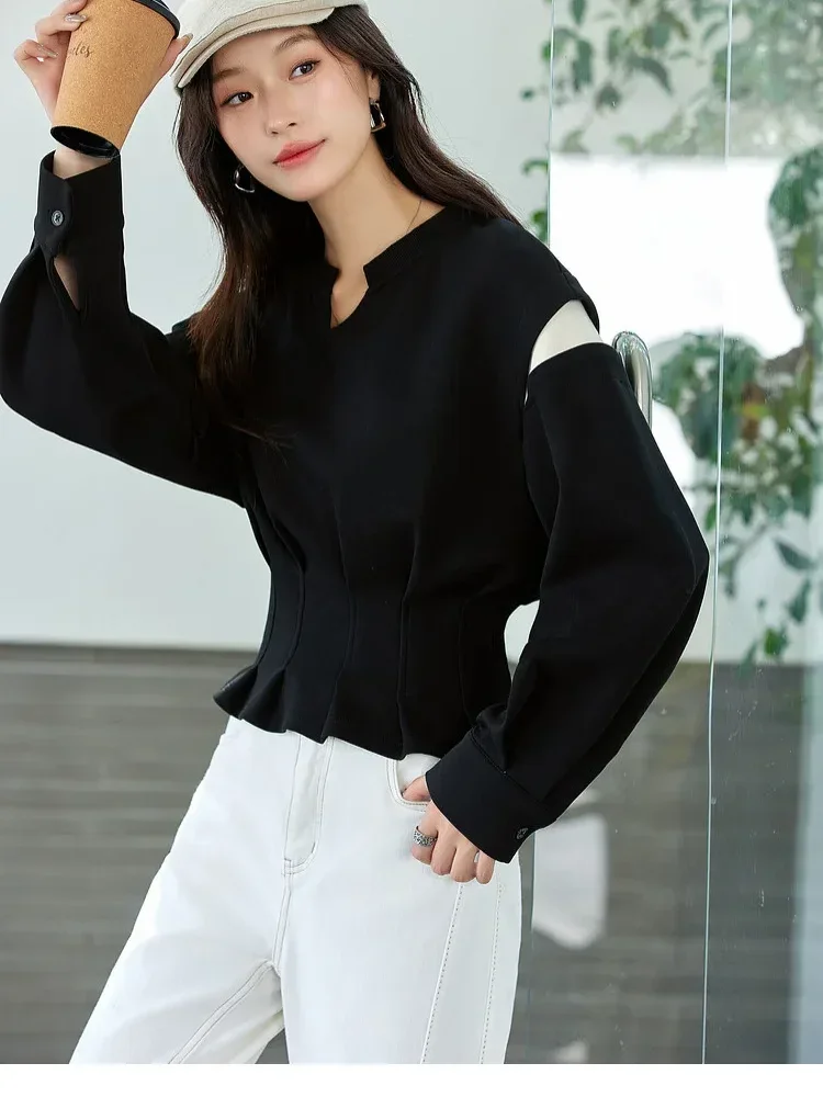 CHICMORE Blouse warna solid dengan kerah notched lengan panjang wanita kelas atas
