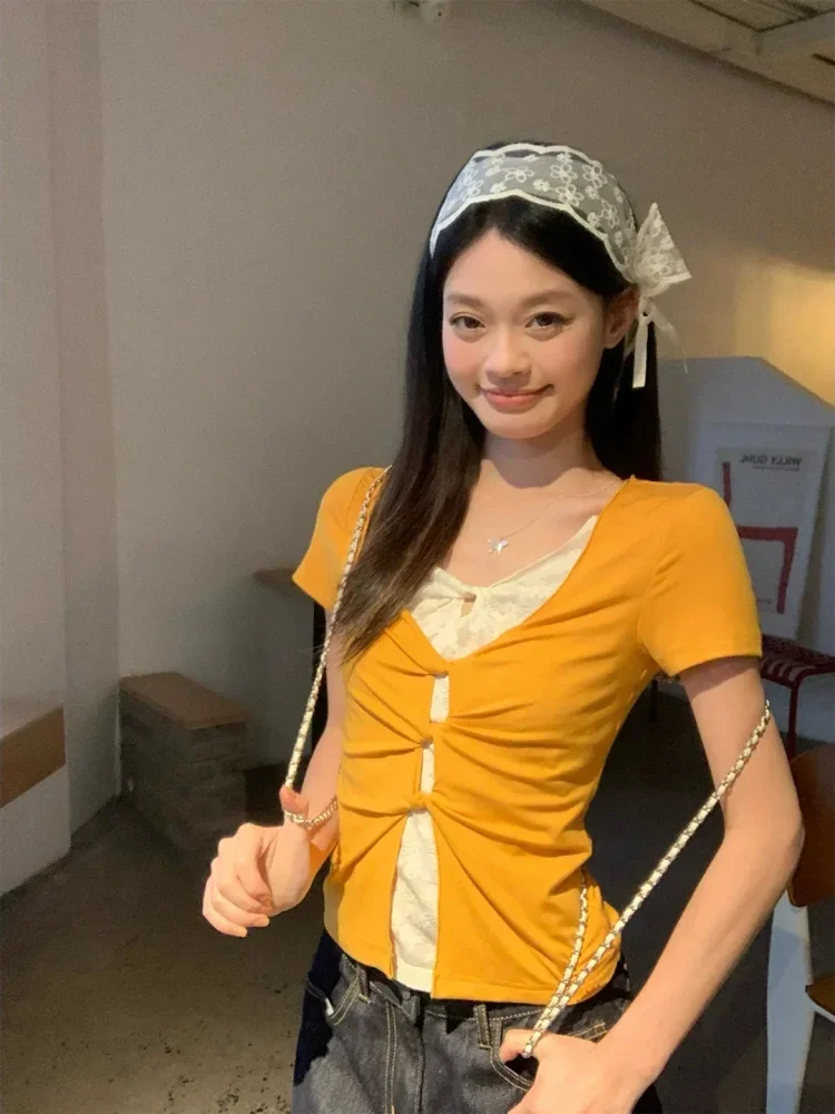 CHICMORE Atasan dua potong palsu lengan pendek t-shirt wanita gaya korea