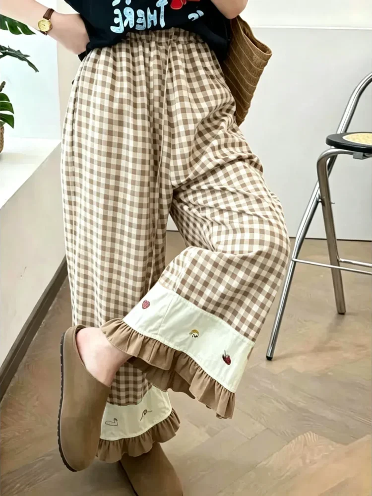 ASAYA Celana panjang wanita model kaki lebar motif kotak