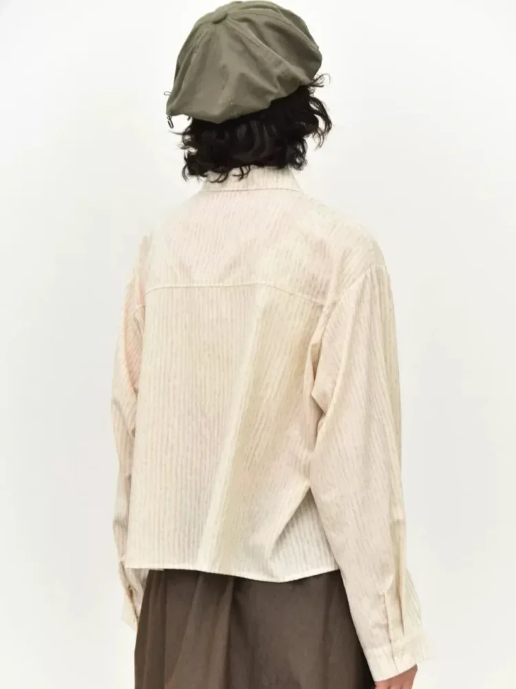 CHICMORE Kemeja oversize patchwork tekstur garis natural lengan panjang