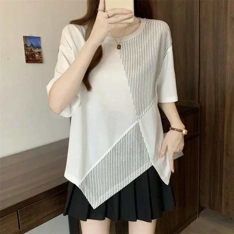 ASAYA Atasan wanita lengan pendek t-shirt dengan kerah bulat model asimetris